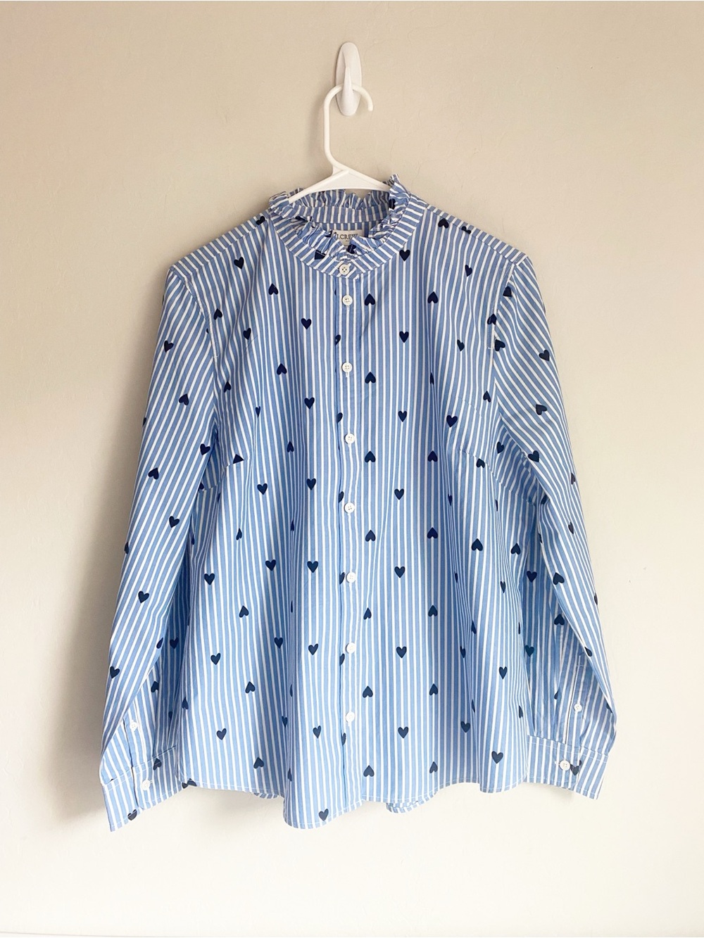 J. Crew Ruffle-Neck Long Sleeve Button Down Top with Stripes & Hearts Size L - Picture 1 of 9